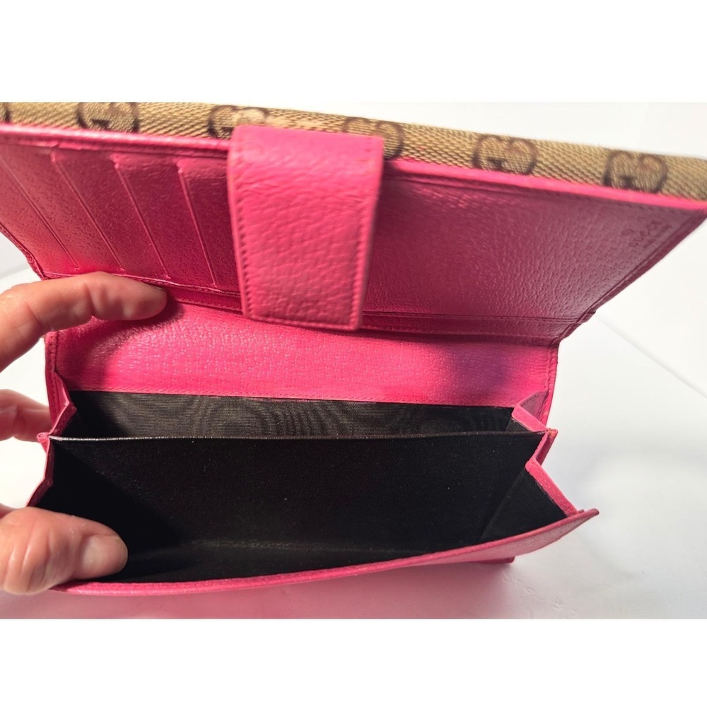 Gucci Eclipse long wallet tri fold w/ gold snap close brown canvas & pinkleather - Picture 5 of 14